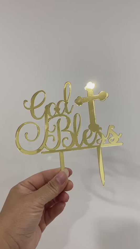 Gold or Silver God Bless Acrylic Cake Topper