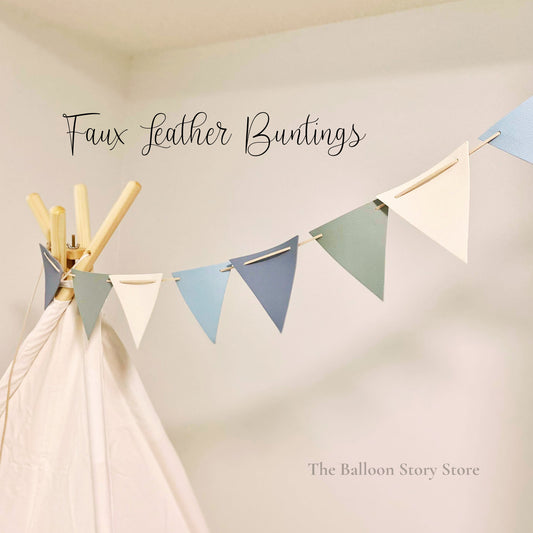PAstel buntings, triangle pennant, banners for baby shower, birthdays, bridal shower. Combinations of different blue, grey, and white colour buntings.PU leather materials.